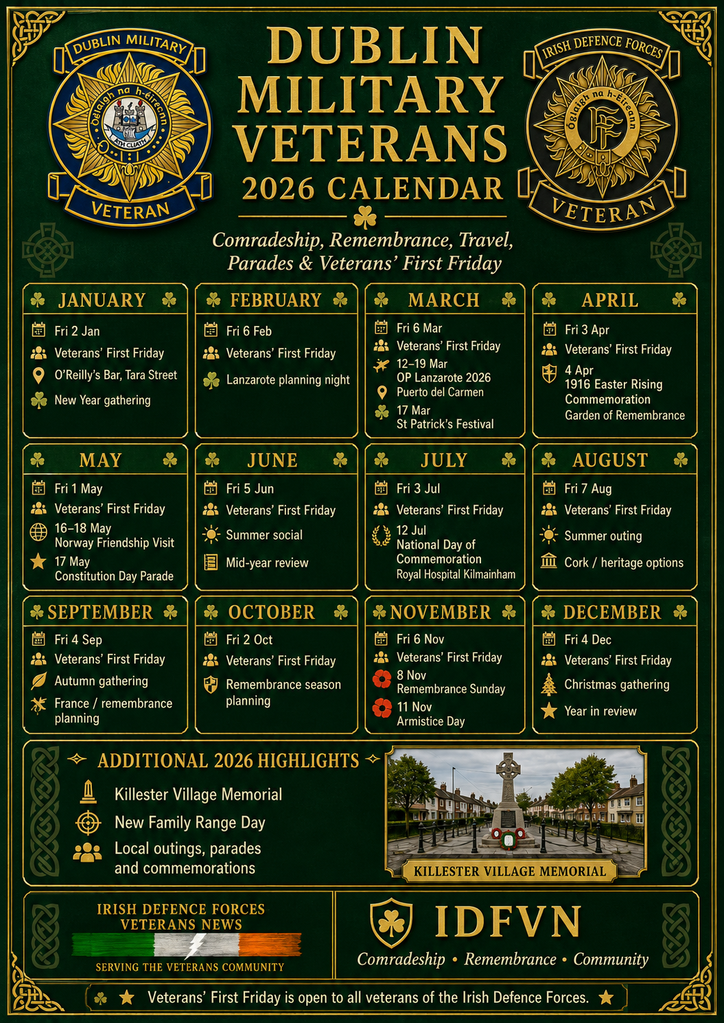 Dublin Military Veterans 2026 calendar: monthly Veterans’ First Friday gatherings, trips and commemorations